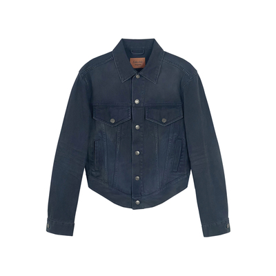 ECHOADE时髦随性 圆弧下摆 水洗做旧蓝灰色长袖牛仔外套