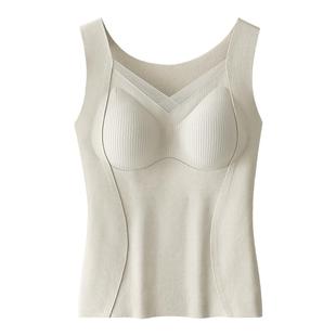 猫人莱赛尔桑蚕丝保暖背心女款带胸垫一体式无痕发热内搭打底上衣