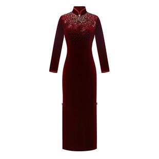 名兰世家喜婆婆婚宴旗袍礼服敬酒服红色高贵丝绒喜妈妈秋冬连衣裙