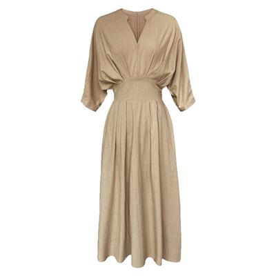 法式V领收腰显瘦棉麻连衣裙女