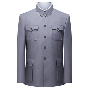 中山装男套装爸爸装浅灰哔叽老人春秋冬装外套老年人中山服爷爷装