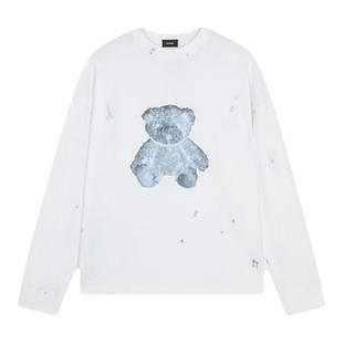 WE11DONE中性男女同款珍珠样式项链图案小熊印花宽松长袖T恤