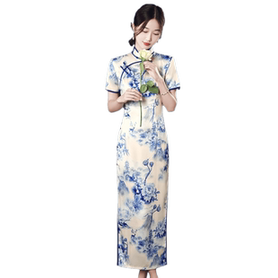 老上海长款青花瓷旗袍2025年新款中国风复古日常可穿走秀显瘦优雅