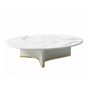 轻奢圆形茶几意式简约高奢天然大理石真皮刺绣豪华别墅客厅茶几桌