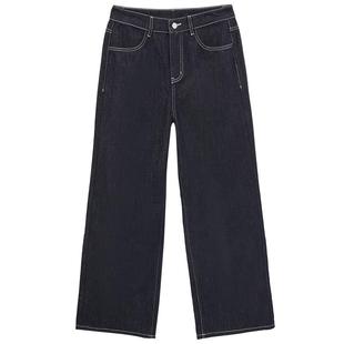 热风直筒牛仔裤2026年春款阔腿薄绒牛仔裤深色水洗美式直筒拖地裤