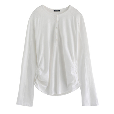 徐大脸吖定制 透气松弛麻感棉长袖春褶皱收腰亨利领白色T恤女上衣