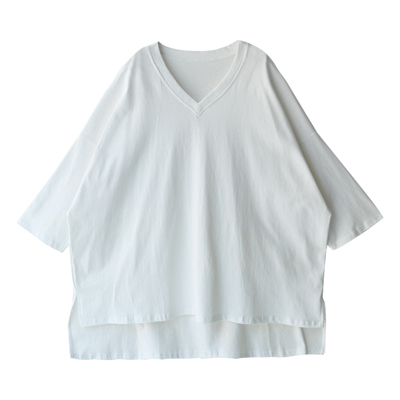 气质简约V领前短后长宽松大T恤