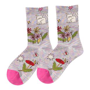 油画细条纹袜女文艺少女心彩色中筒袜百搭棉质无骨长袜可爱棉袜女