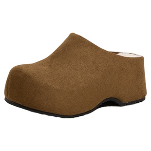 冬季加绒厚底勃肯鞋女包头拖鞋真皮懒人鞋增高6cm棕色半拖鞋轻便