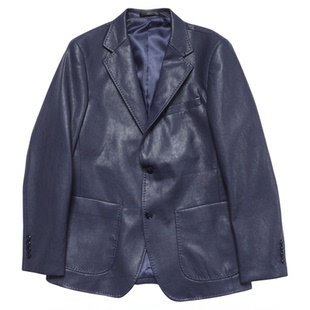 川泽男装时尚潮流PU皮衣西服韩版修身上衣蓝紫色休闲通勤西装外套
