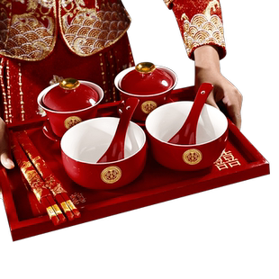 结婚敬茶杯跪垫套装红色中式喜碗改口茶杯一对婚礼喜庆用品大全