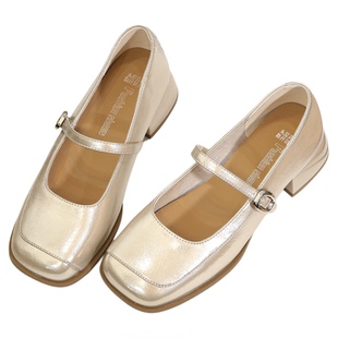 舒适软皮法式一字带玛丽珍鞋女粗跟复古香槟色浅口单鞋中跟小皮鞋