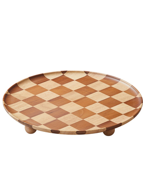 木质棋盘格装饰盘家用客厅高级感圆形托盘家居摆件
