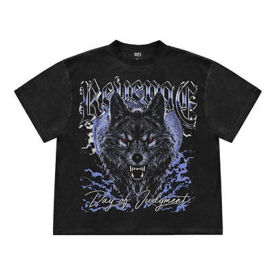 250克重磅水洗做旧直喷 '复仇' 狼头复古短袖T恤宽松上衣男女休闲