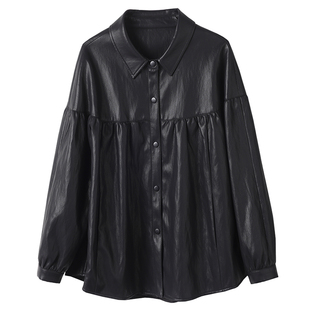 2026春季新款真皮皮衣女中长款衬衫式绵羊皮夹克宽松显瘦大码外套