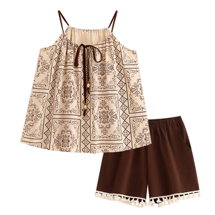 吊带短裤睡衣女夏季纯棉薄款纯欲性感家居服个性时尚复古风两件套
