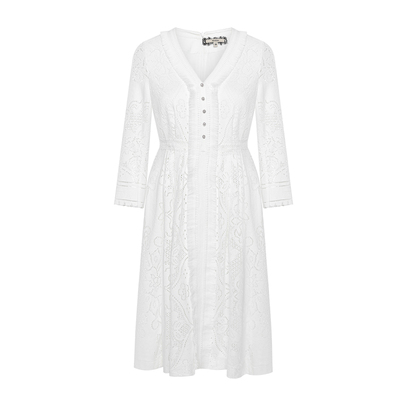 【蕾丝】GEGINA吉吉娜女装九分袖纯棉连衣裙V领蕾丝拼接高端裙子