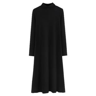 春秋新款韩版半高领纯白修身长袖中长款连衣裙打底纯色休闲女装