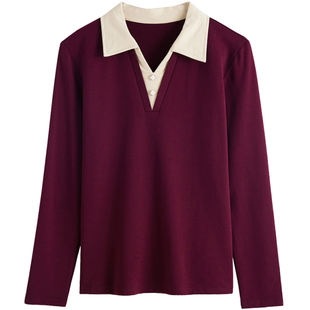 专柜正品翻领长袖T恤女2026春季新款纯棉上衣修身显瘦POLO打底衫