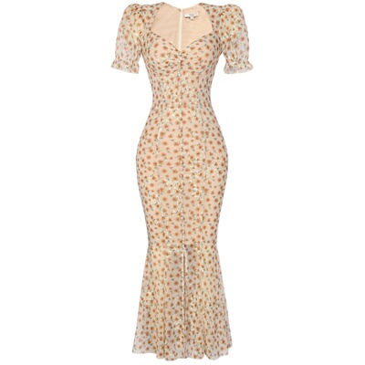 温柔风格鱼尾裙网纱印花连衣裙