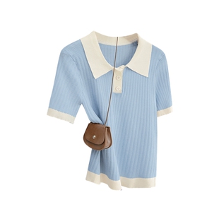 她池撞色针织衫2026夏装新款女装通勤气质翻领短袖修身短款上衣