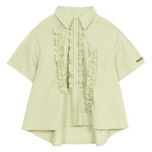 KEIKO 清新薄荷绿格子短袖衬衫女夏季洋气木耳边别致宽松上衣
