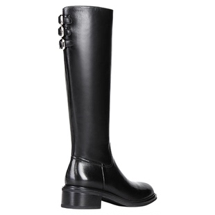 星期六全真皮高筒靴女2025秋冬粗跟圆头英伦平口不过膝长靴骑士靴