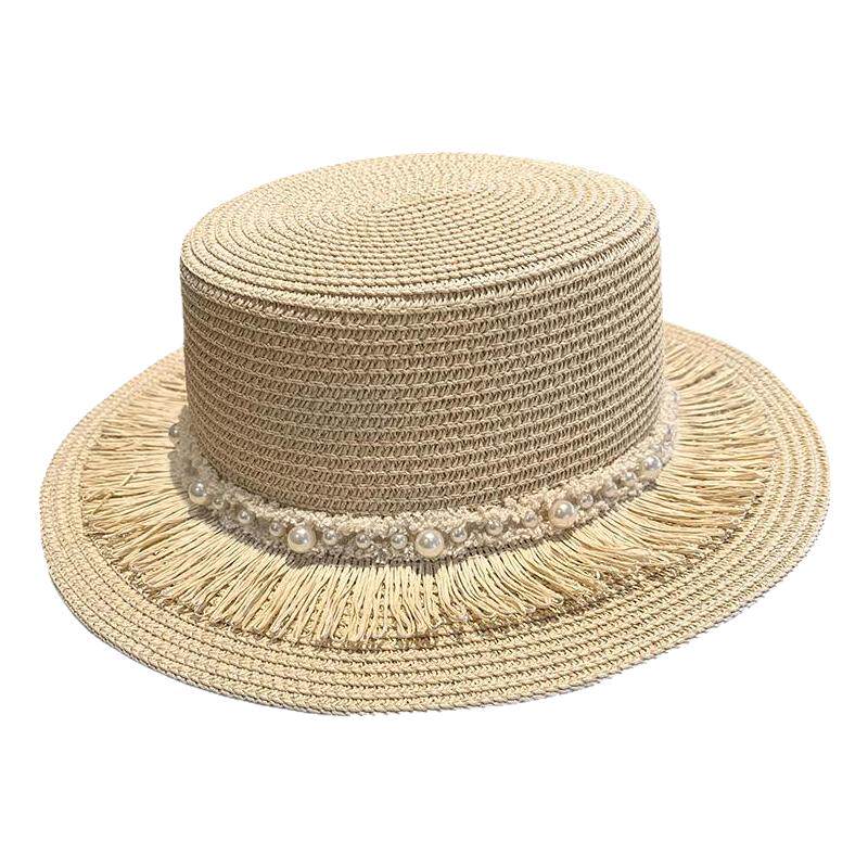 流苏珍珠平顶草帽女夏季