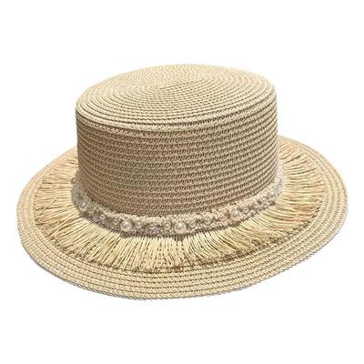 流苏珍珠平顶草帽女夏季