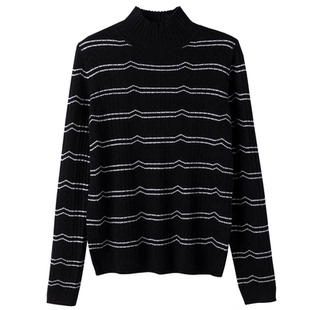 精纺细密羊绒衫女半高领烟管领打底针织衫基础款套头毛衣黑白条纹