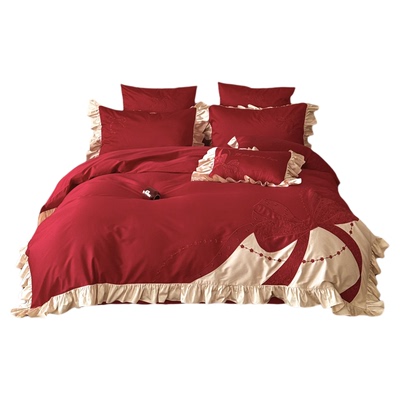 LANSWAY遇见爱蝴蝶结刺绣婚庆四件套全棉大花边红色结婚被套床单