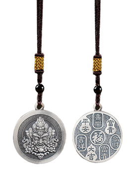 999足银黄财神吊坠纯银男士吉言项链项坠复古个性百搭国潮挂坠