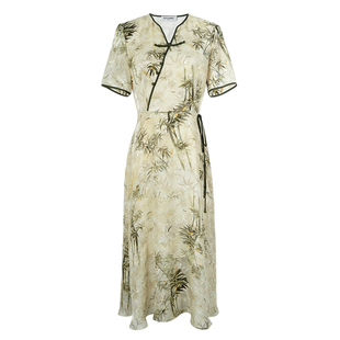 米思阳2025夏季新款禅意新中式连衣裙收腰国风竹子提花盘扣裙子女