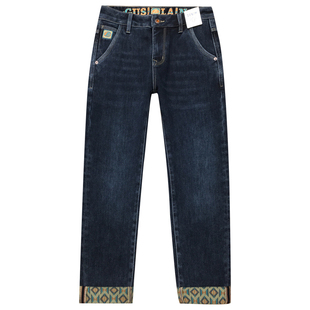 保暖加绒九分牛仔裤男冬季厚款抓绒裤脚格子印花修身小脚磨毛长裤