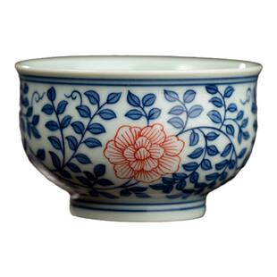 三勤堂陶瓷茶杯手绘主人杯釉下矾红缠枝莲品茗杯景德镇功夫茶具