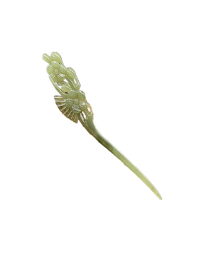 新款和田玉油青色梅花折扇旗袍簪