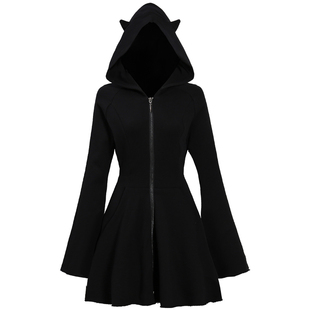 暗黑系酷酷风少女连帽卫衣外套女拉链款秋中长款卫衣裙万圣节服饰