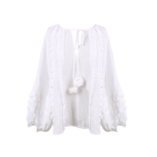 DeesseSicile 法式浪漫田园风白色100亚麻花边泡泡袖娃娃衫上衣女