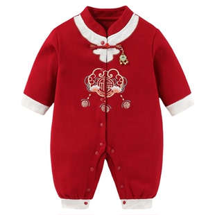 婴儿春秋装连体衣宝宝国风福字喜庆拜年服新生儿满月百天周岁礼服