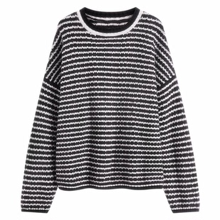 大表姐刘雯同款羊绒针织衫女宽松黑白条纹圆领慵懒羊毛打底衫毛衣