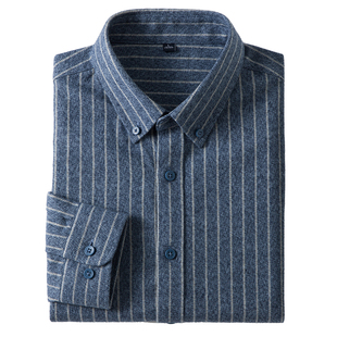 秋季新款男士磨毛纯棉长袖衬衫条纹上衣休闲衬衣宽松外套男装潮流