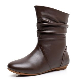 真皮女靴堆堆宽口平底中筒靴子女软皮半靴马丁靴女2024新款半筒靴