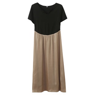 大码女装拼接撞色短袖连衣裙200斤胖mm梨型身材气质遮肚子a字长裙