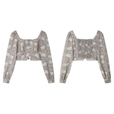 PIT复古碎花方领短款长袖雪纺衫衬衫女2025夏薄款修身显瘦上衣