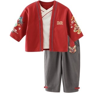 周岁礼服男宝宝抓周衣服男童春秋新中式汉服秋装儿童红色卫衣套装