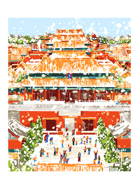 数字油画diy手绘填充手工手绘画画填色肌理画涂色油彩画 故宫冬雪