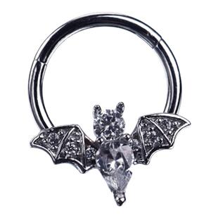 Shinma 16G通体钛钢镶锆石珍珠蝙蝠卡扣式鼻中隔Daith钉穿刺饰品