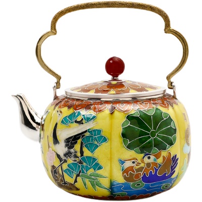 纯银999银壶泡茶壶七宝烧六吉祥