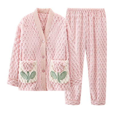 珊瑚绒女睡衣加绒加厚秋冬季月子服孕妇冬产后产妇哺乳家居服套装