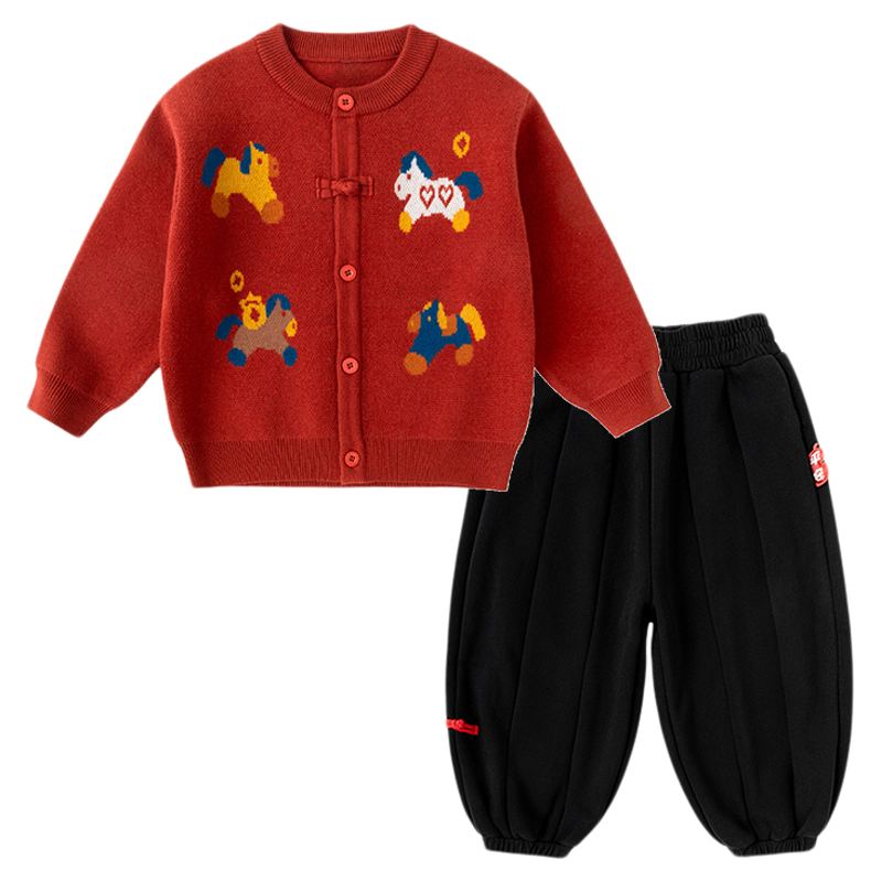 嘟嘟家男童唐装冬季女童新年装宝宝拜年服红色毛衣裤子儿童毛线衣